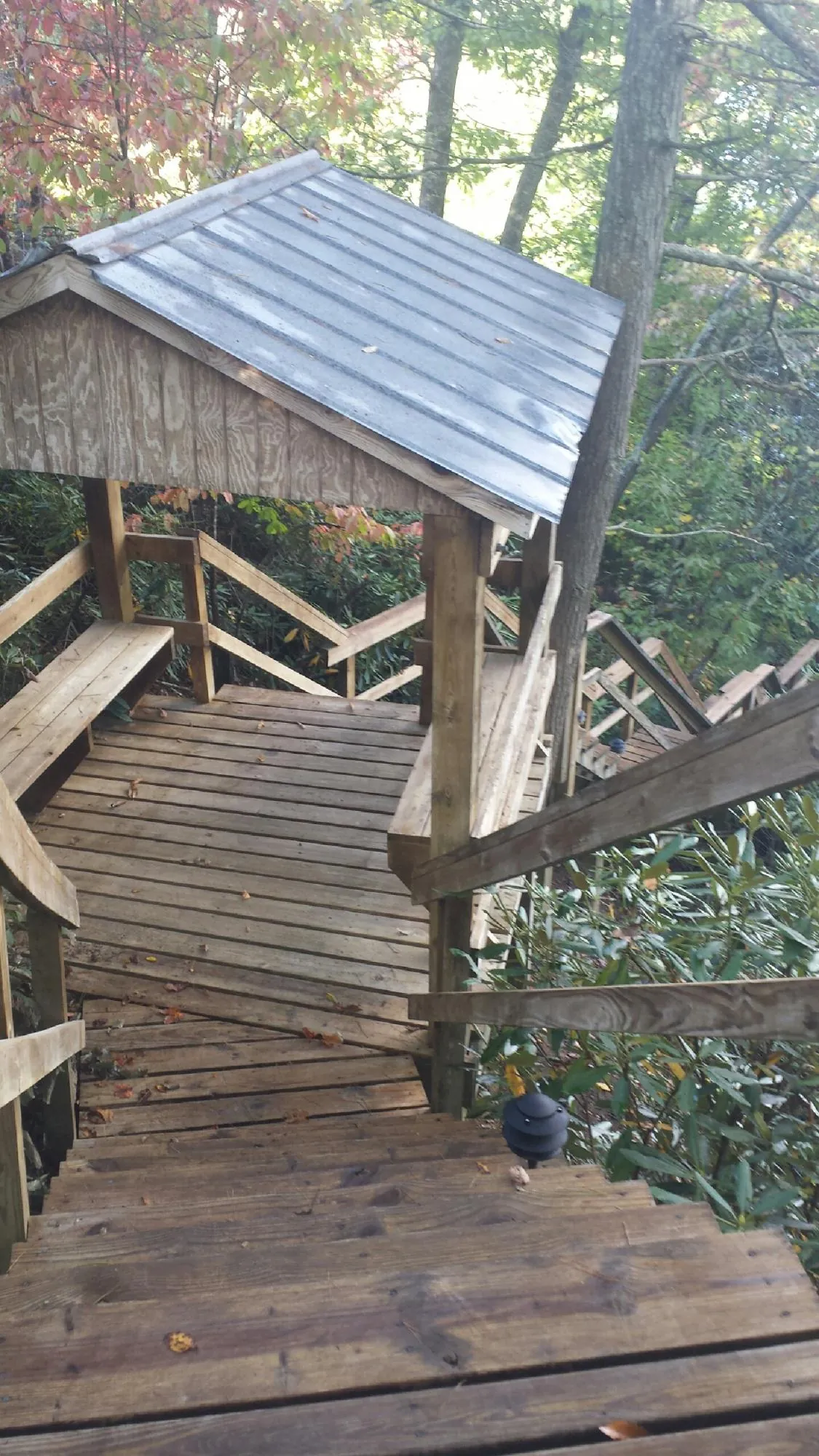 Metal roofed shelter over wooden steps on a wooded walkway — Skylight Repair & Installation work by our crew in Munday